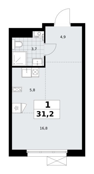 Планировка: 1-комнатная, 31.2 м²