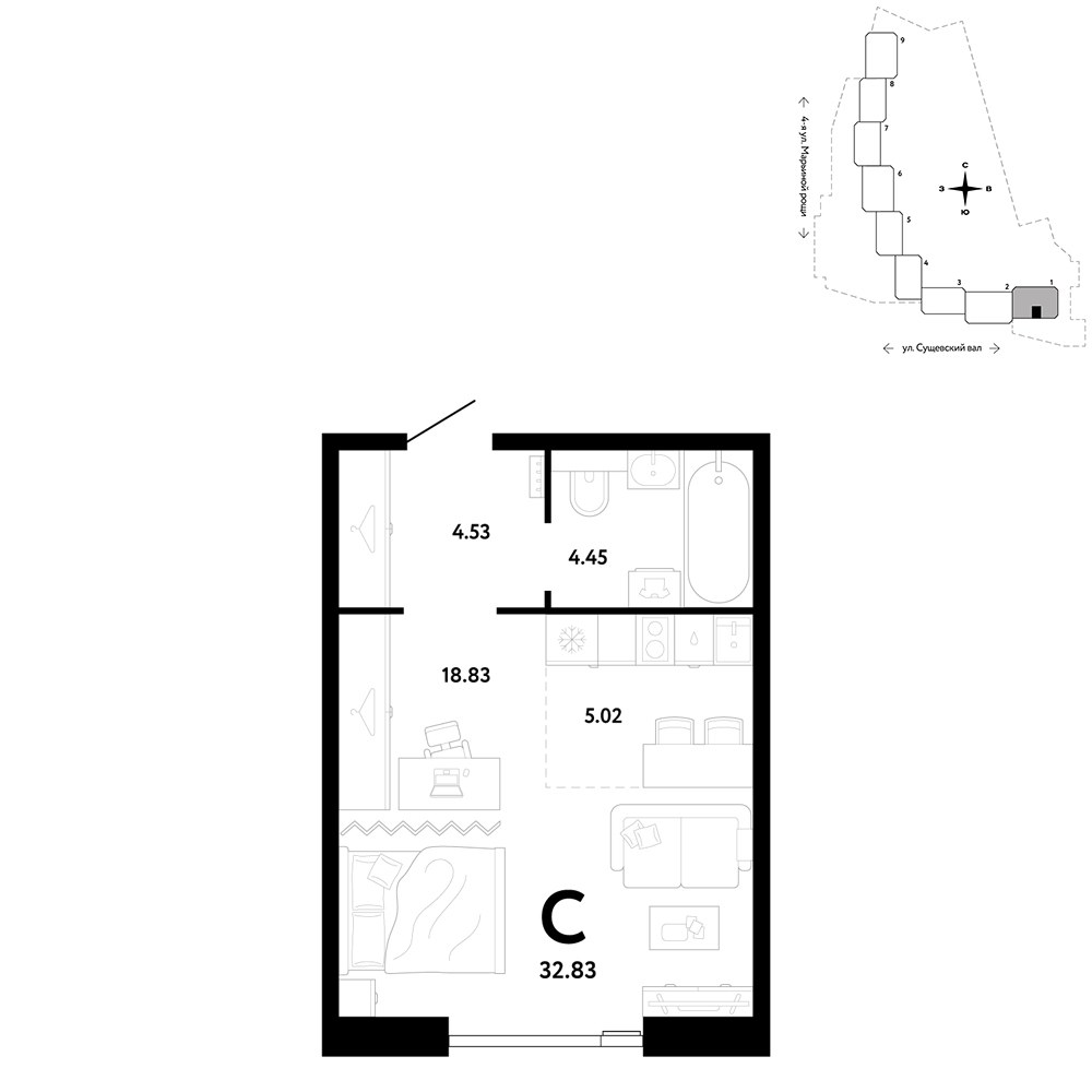 Планировка 32.83 м²