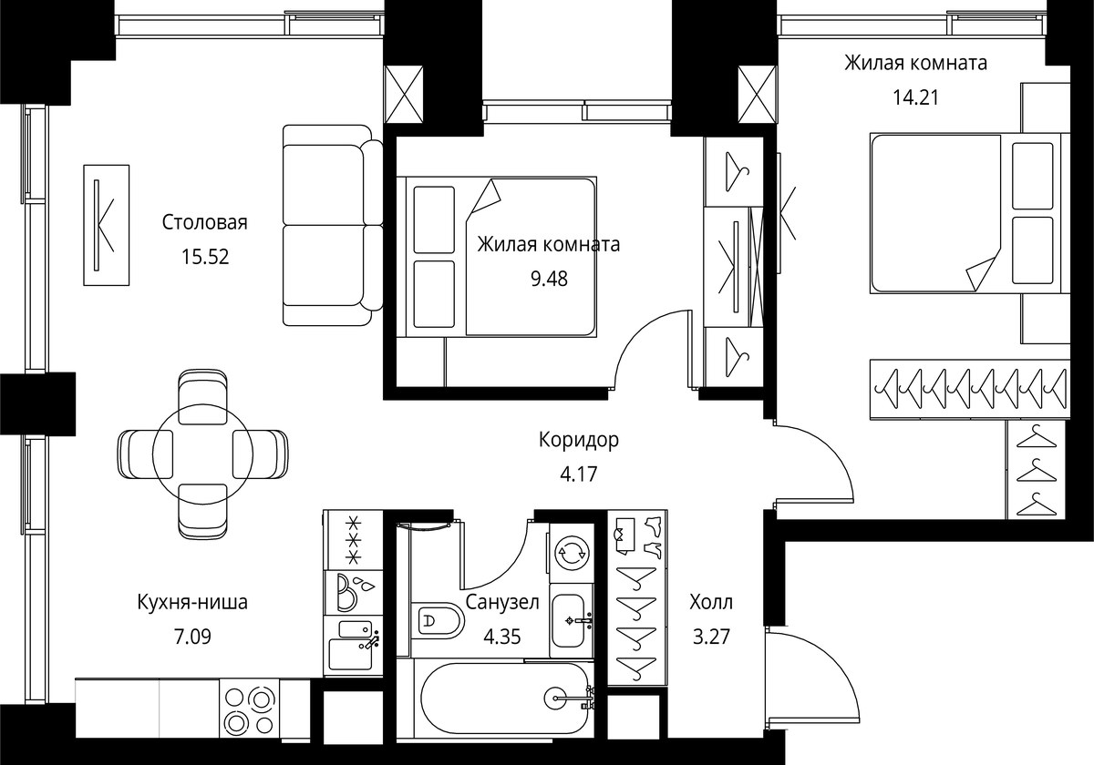 Планировка 58.09 м²