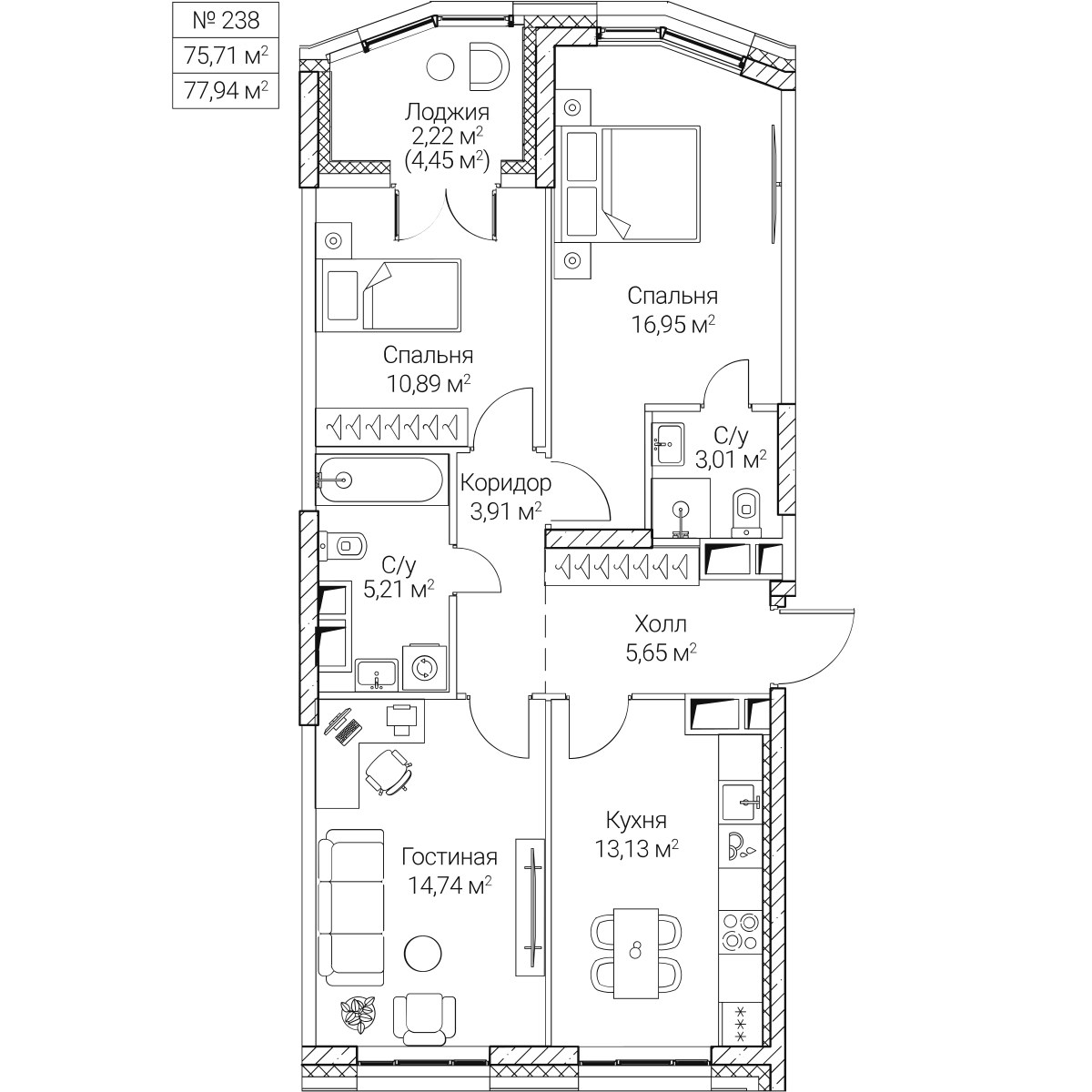 Планировка 75.71 м²
