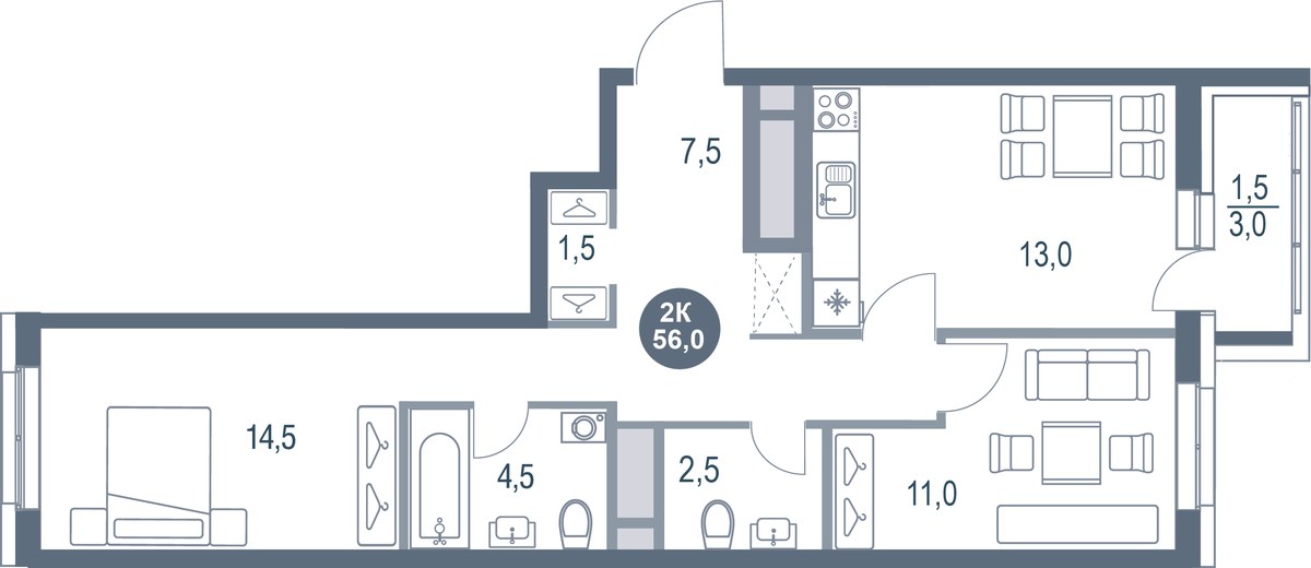 Планировка 56.0 м²