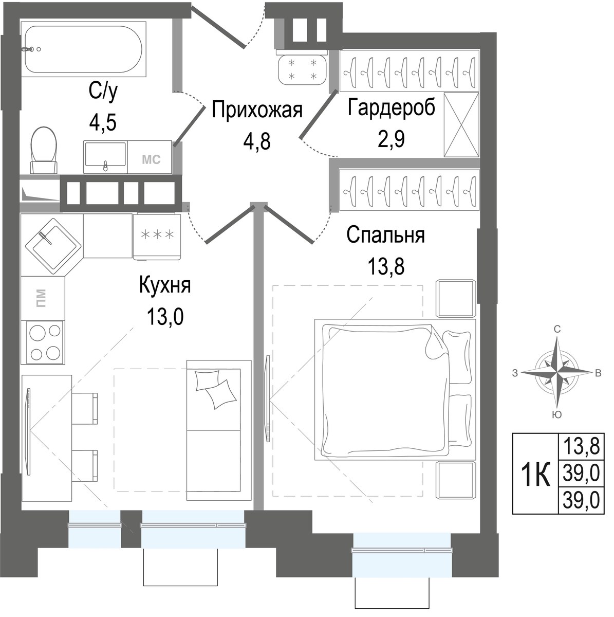 Планировка 39.0 м²