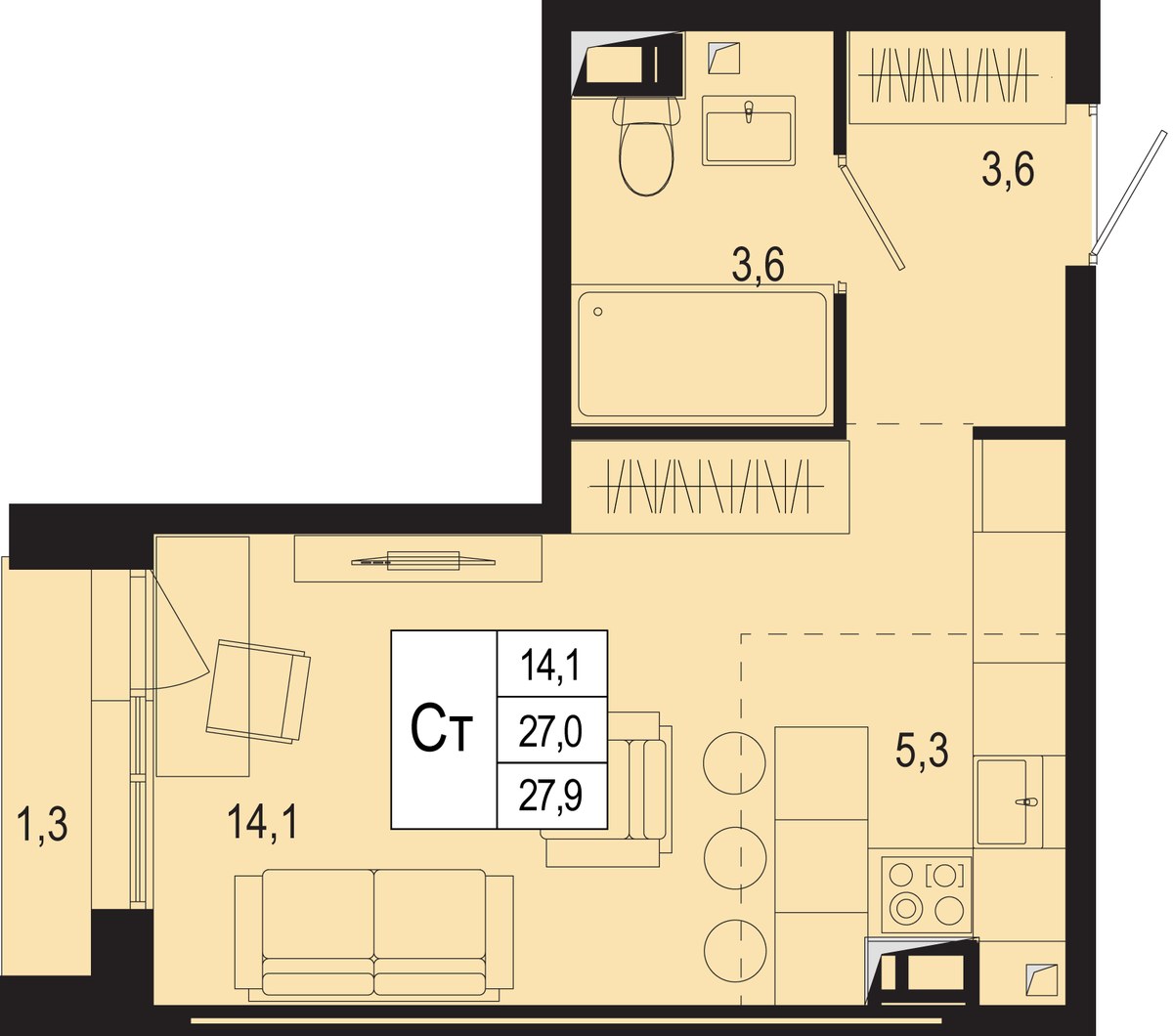 Планировка: 1-комнатная, 27.0 м²