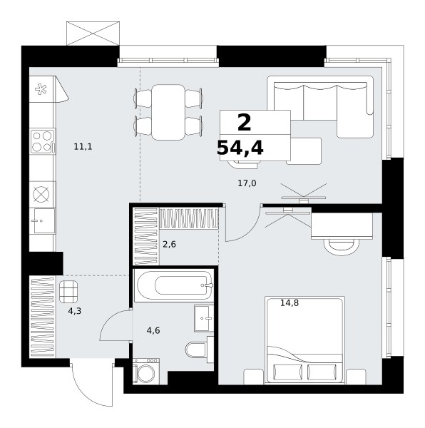 Планировка: 2-комнатная, 54.4 м²