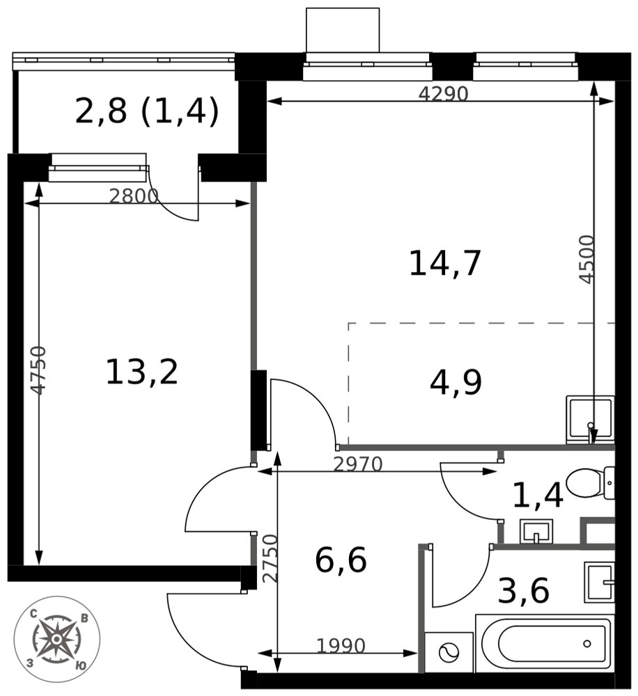 Планировка 45.8 м²