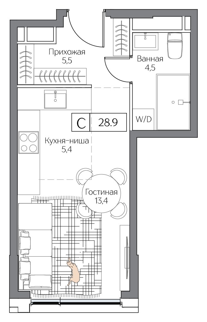 Планировка: 1-комнатная, 28.9 м²
