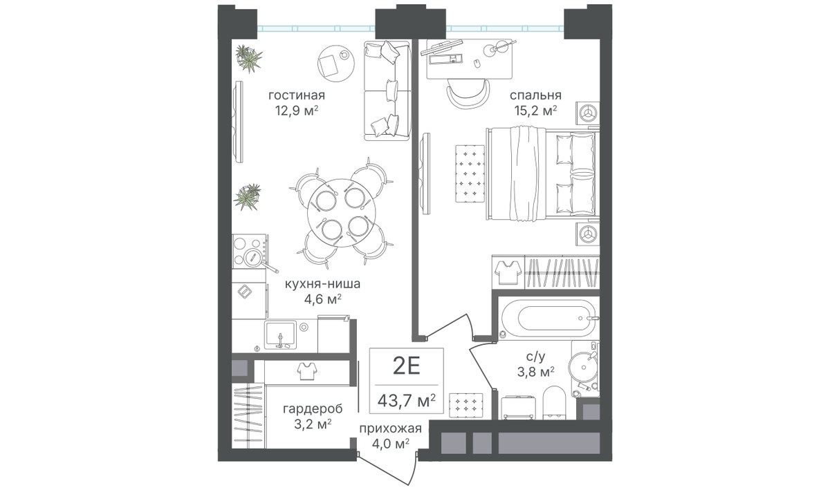 Планировка 43.7 м²