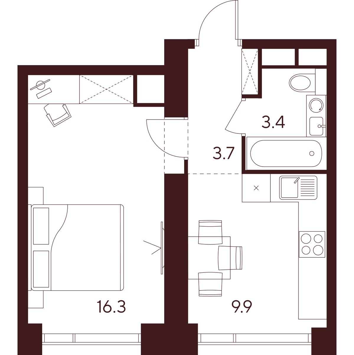 Планировка: 1-комнатная, 33.3 м²