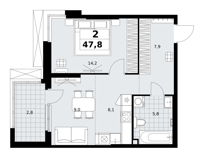 Планировка: 2-комнатная, 47.8 м²