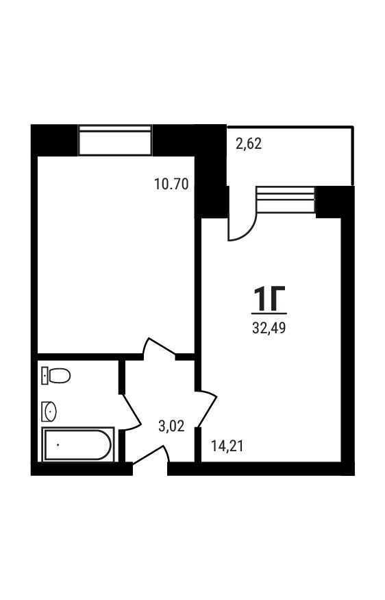 Планировка: 1-комнатная, 32.49 м²