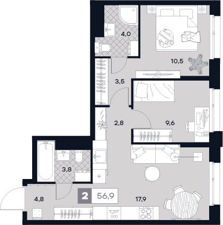 Планировка 56.9 м²