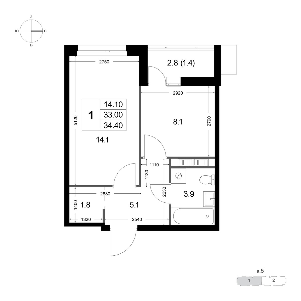 Планировка 34.4 м²
