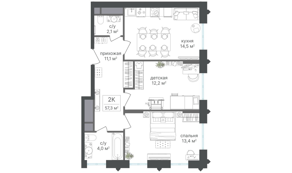 Планировка 57.0 м²