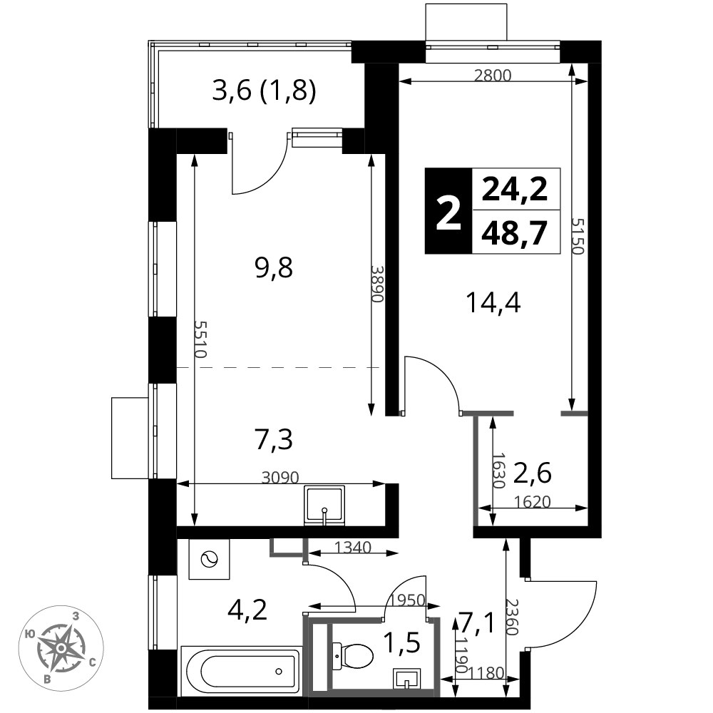 Планировка 48.7 м²