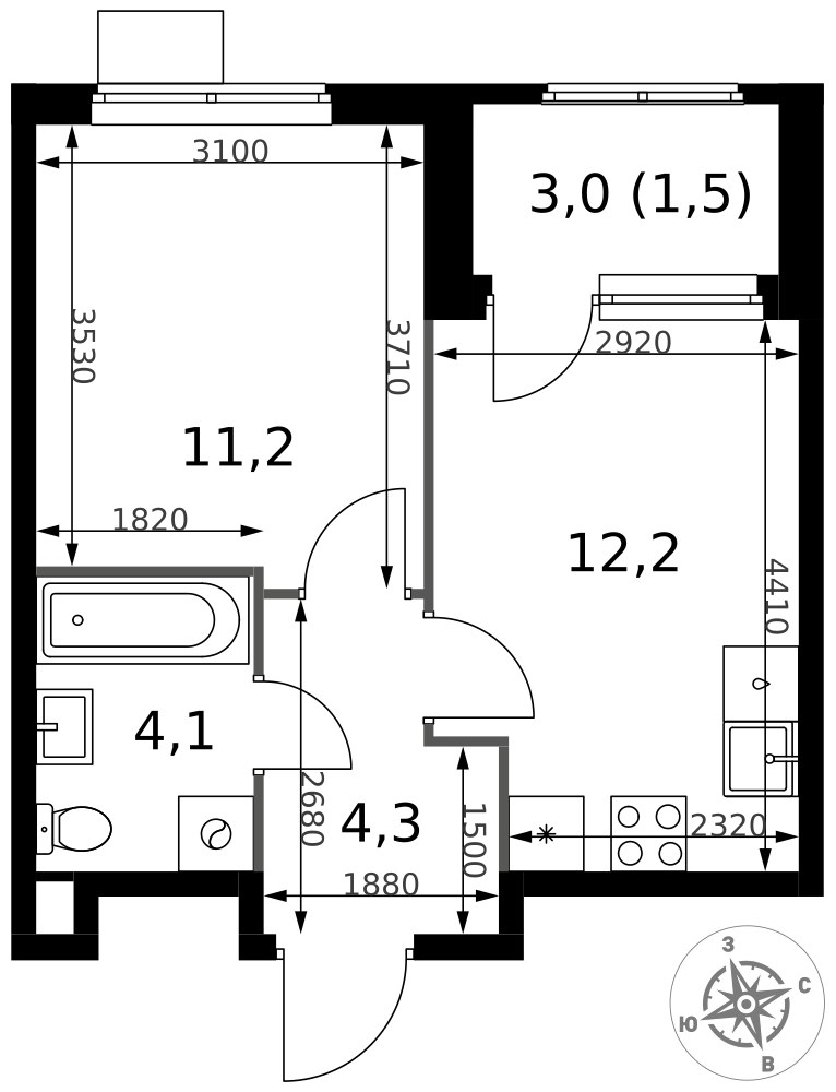 Планировка 33.3 м²