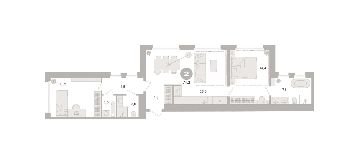 Планировка 74.3 м²