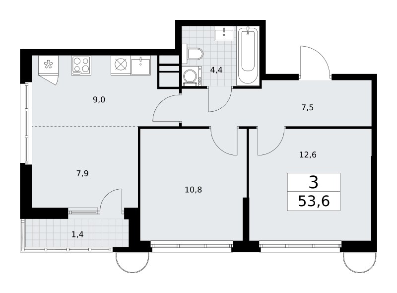 Планировка: 3-комнатная, 53.6 м²