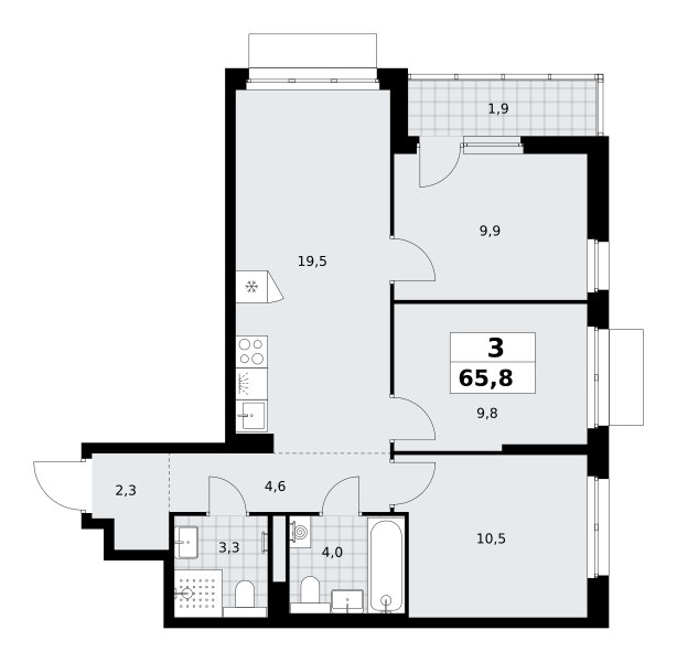 Планировка: 3-комнатная, 65.8 м²