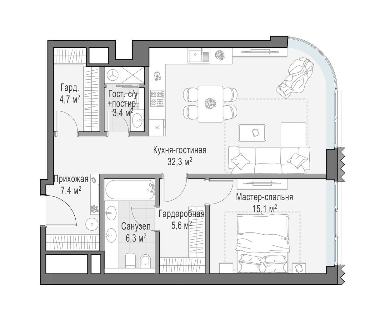 Планировка 74.9 м²