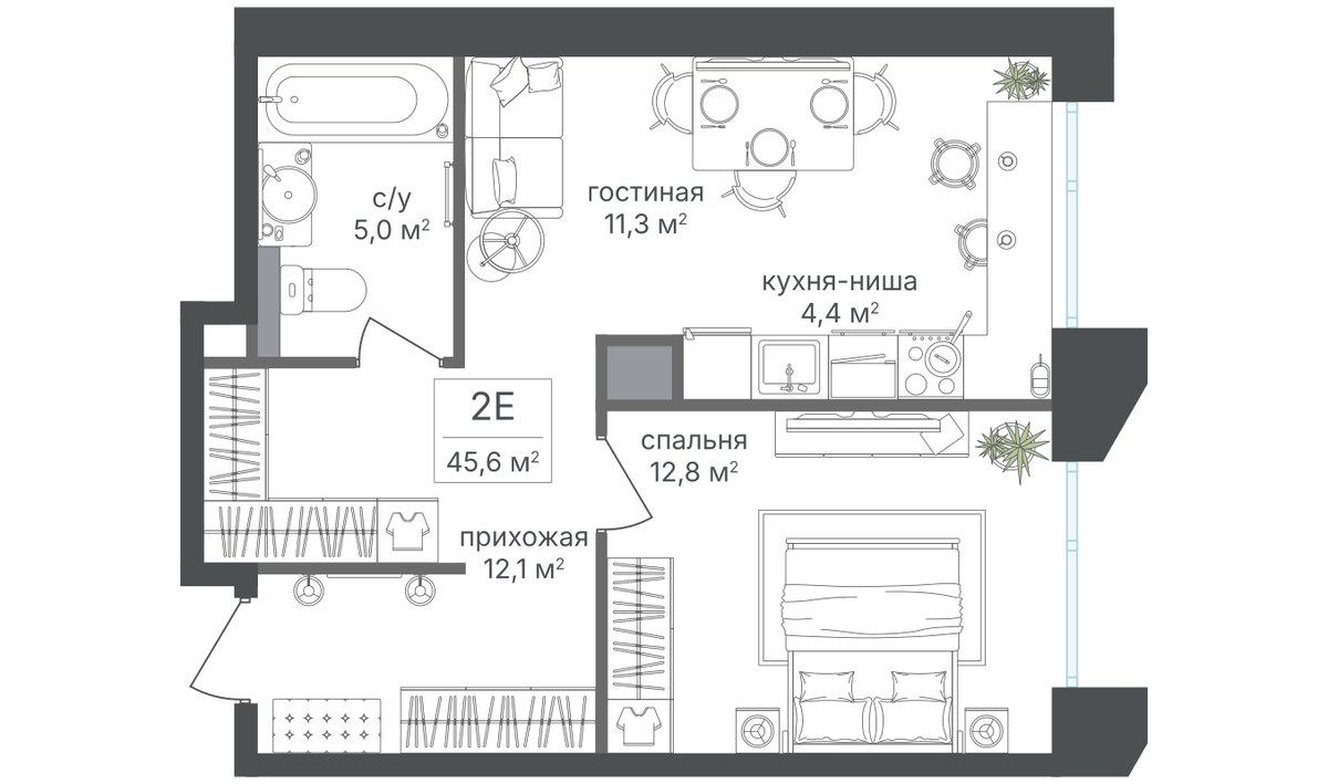 Планировка 45.6 м²