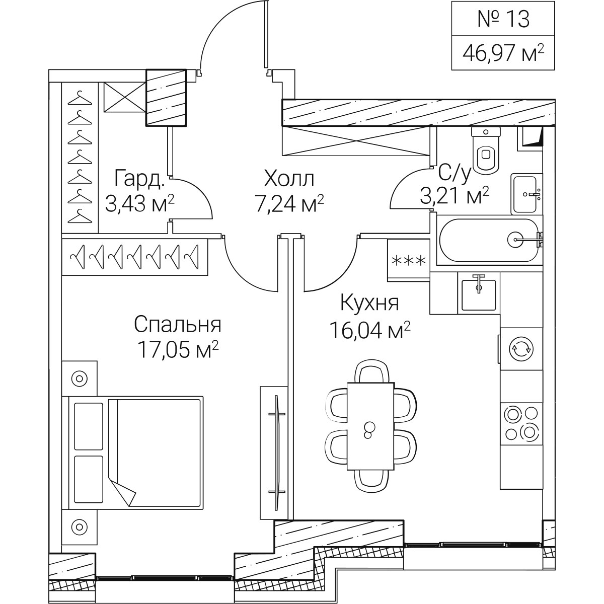 Планировка: 1-комнатная, 46.97 м²