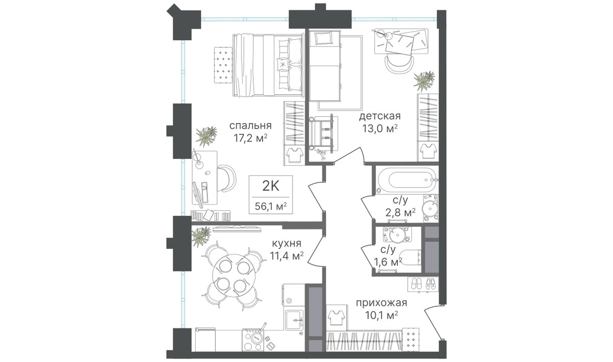Планировка 56.1 м²