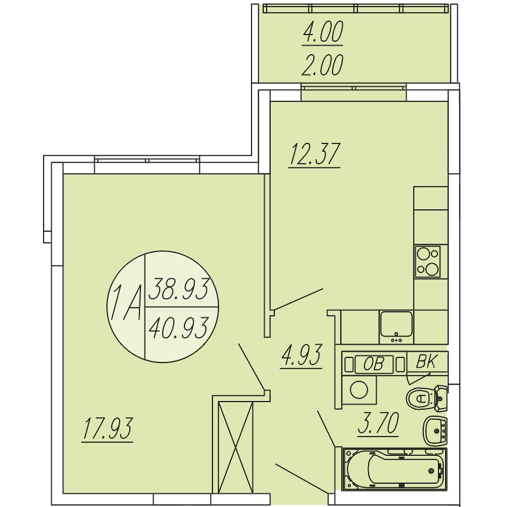 Планировка: 1-комнатная, 40.93 м²