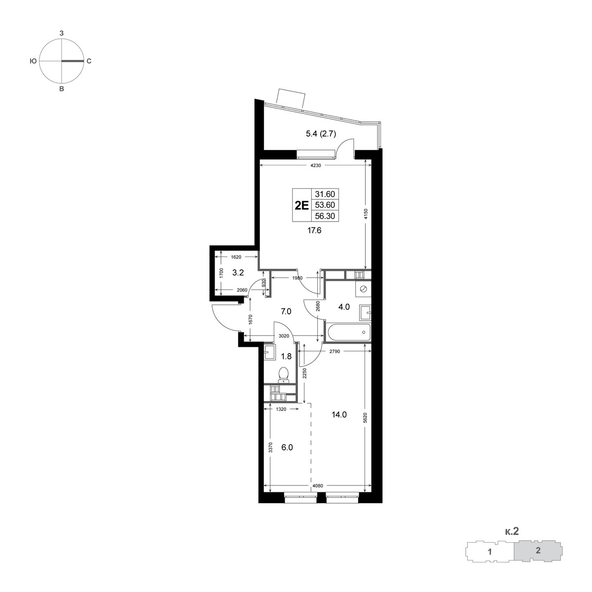 Планировка 56.6 м²
