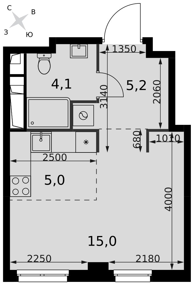Планировка: Студия, 29.3 м²