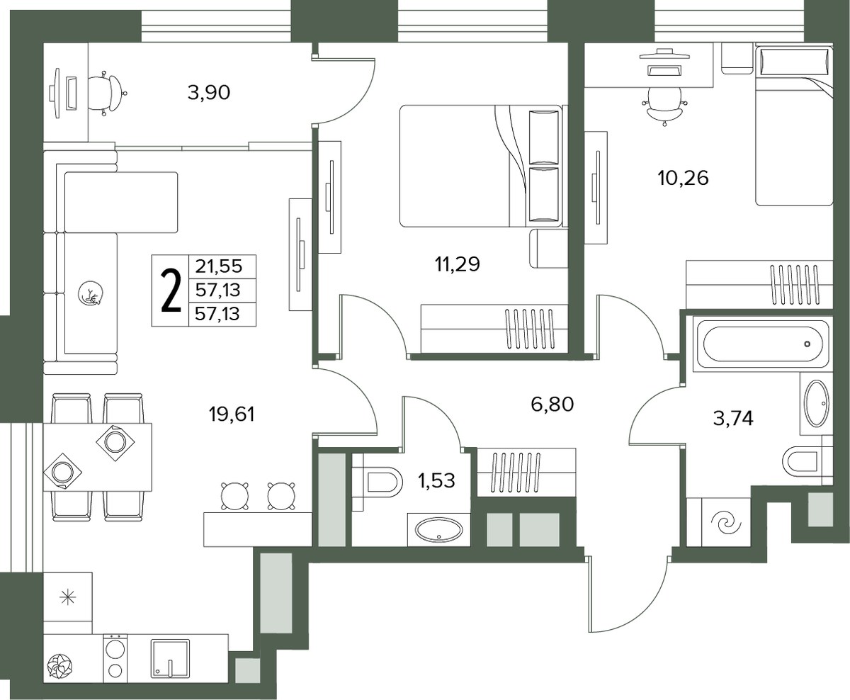 Планировка 57.13 м²