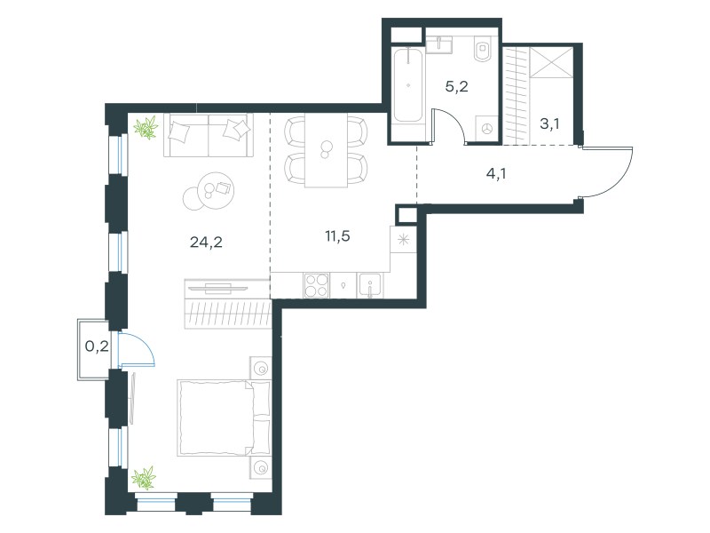 Планировка: 1-комнатная, 48.3 м²