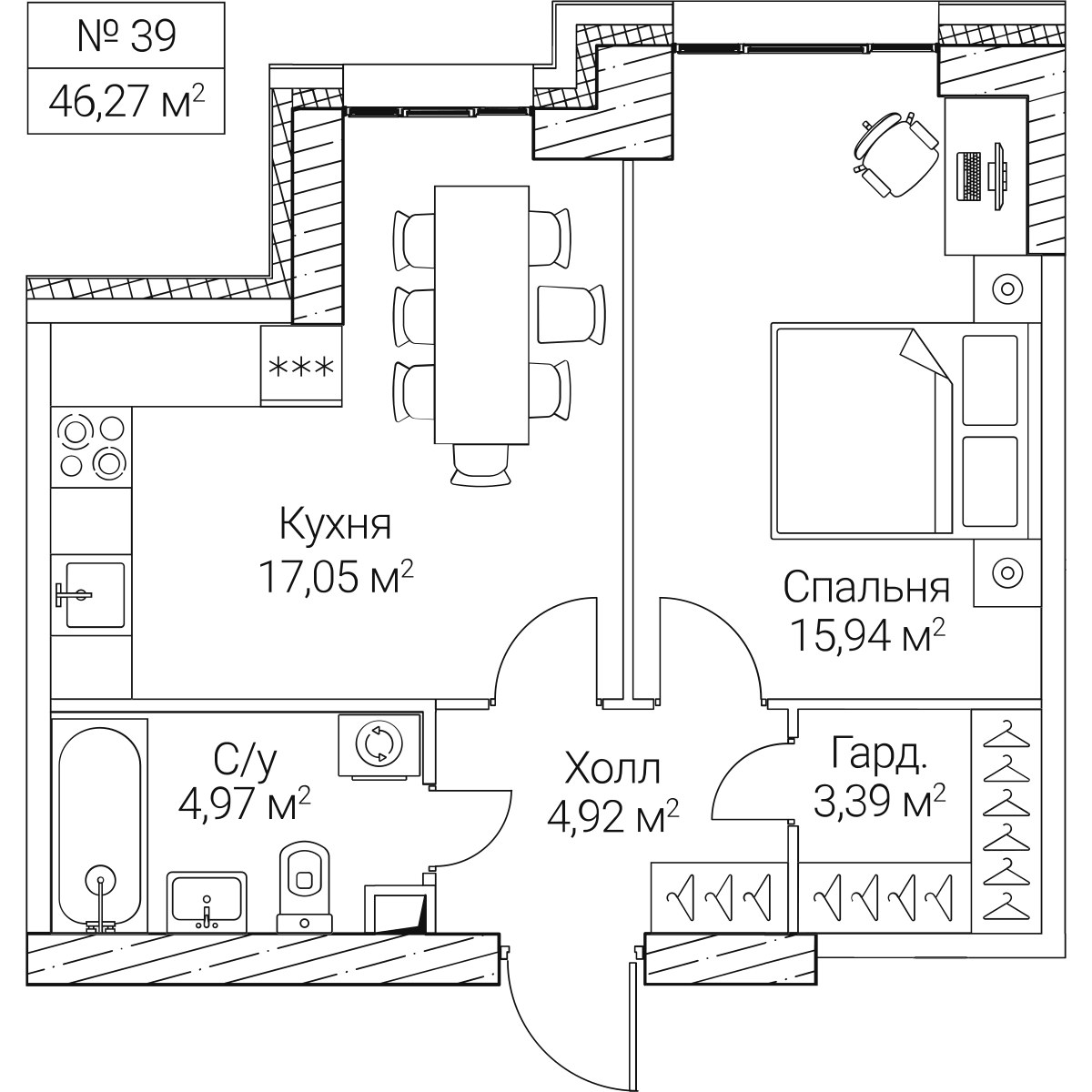 Планировка: 1-комнатная, 46.27 м²
