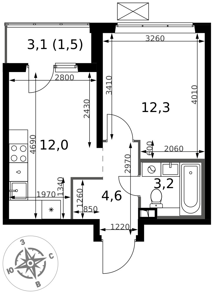 Планировка 33.6 м²