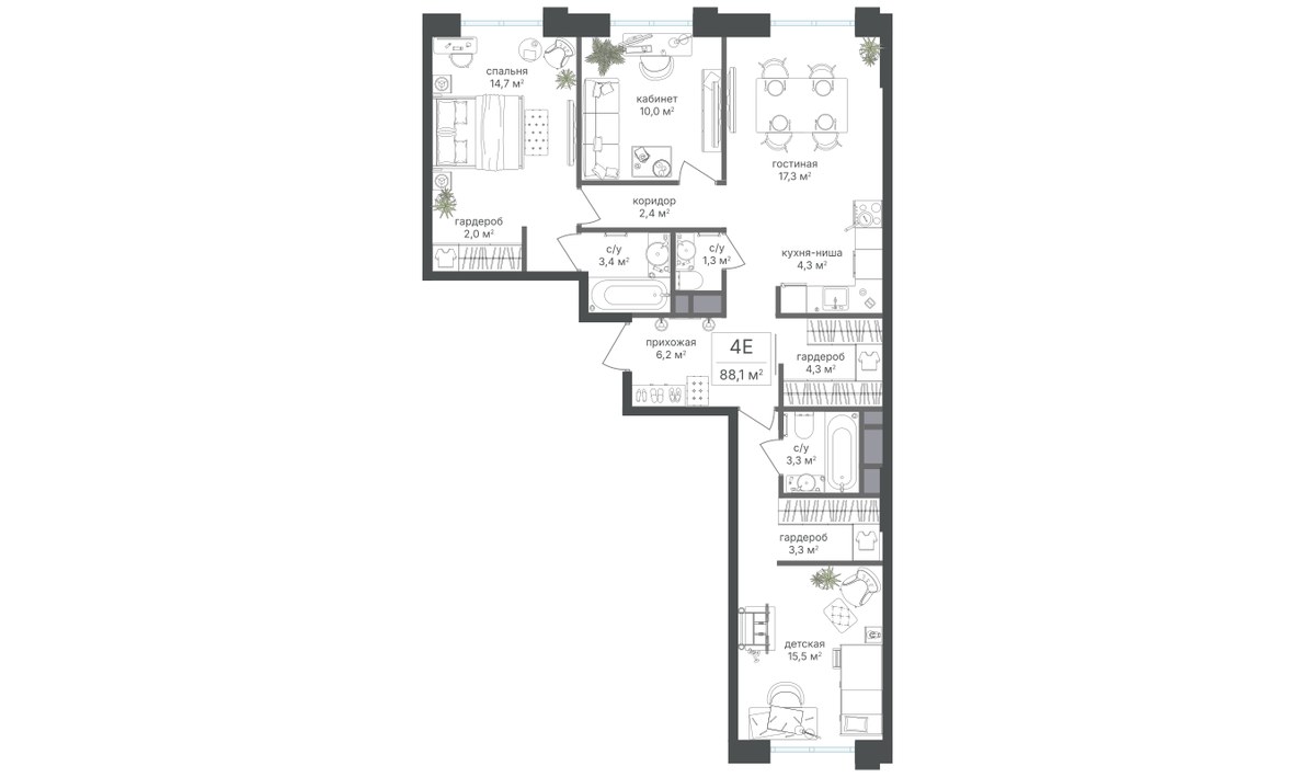 Планировка 43.7 м²