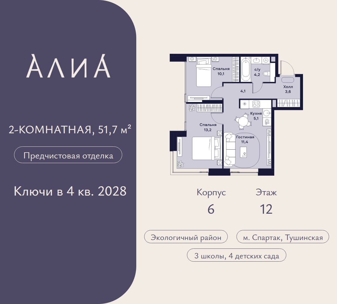 Планировка 51.7 м²