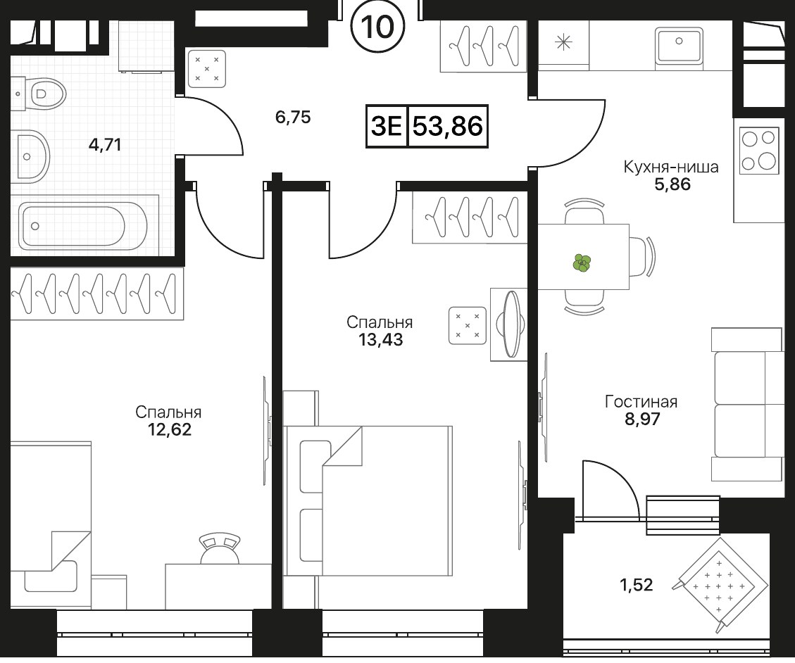 Планировка 53.86 м²