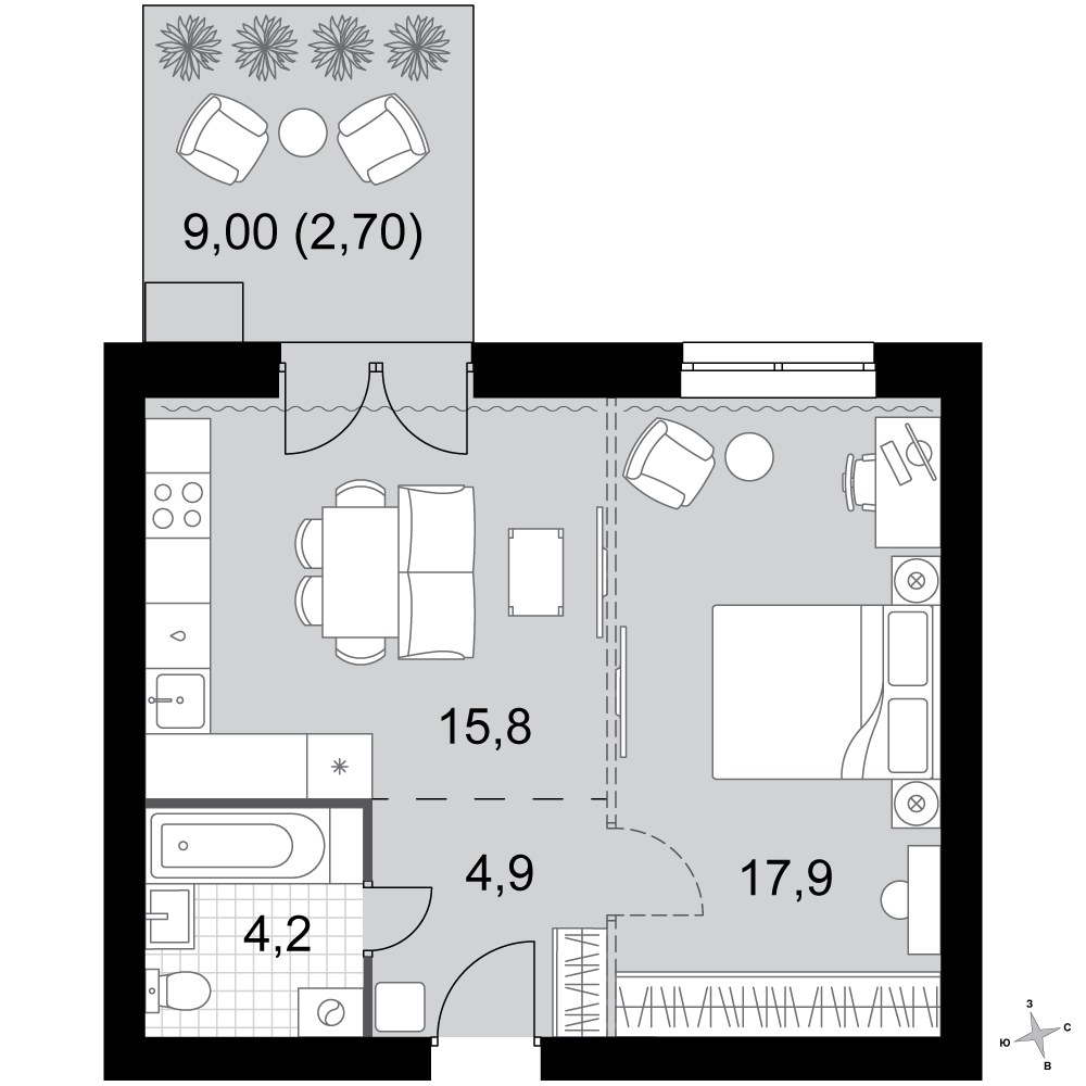Планировка: 1-комнатная, 45.5 м²