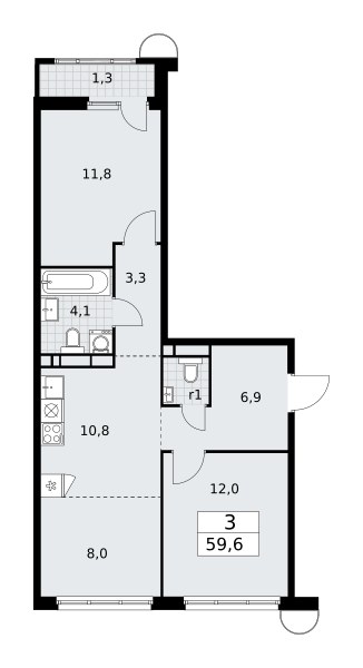 Планировка: 3-комнатная, 59.6 м²