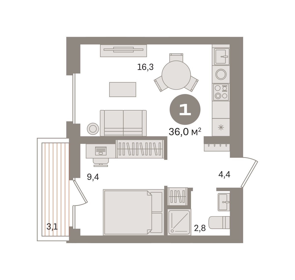 Планировка 35.99 м²
