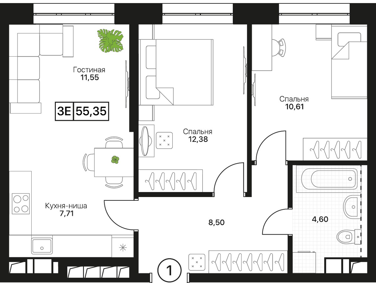 Планировка 55.35 м²