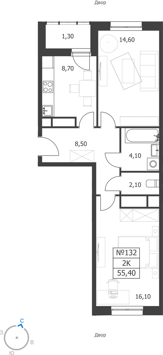 Планировка 55.4 м²