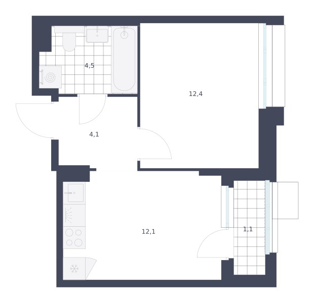 Планировка: 1-комнатная, 34.2 м²