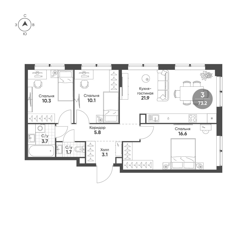 Планировка 73.2 м²