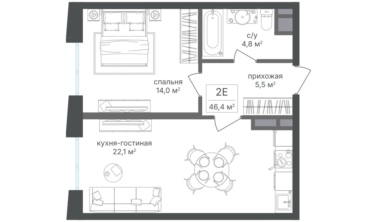 Планировка 46.6 м²