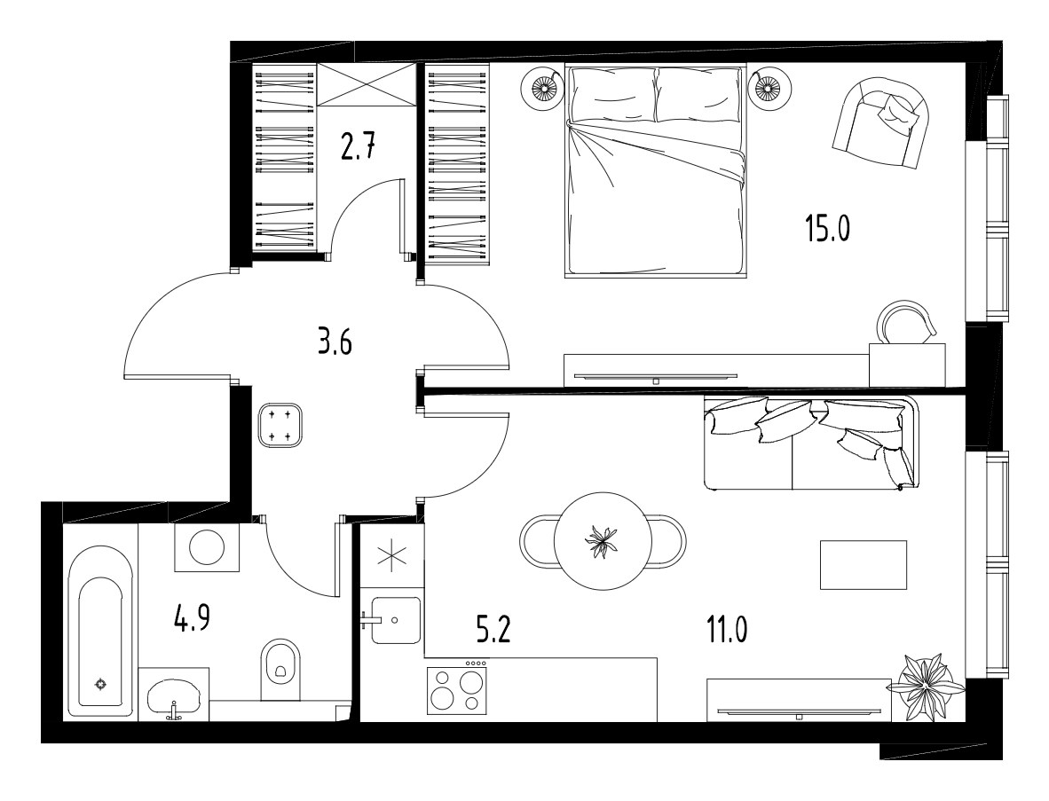 Планировка: 1-комнатная, 42.4 м²