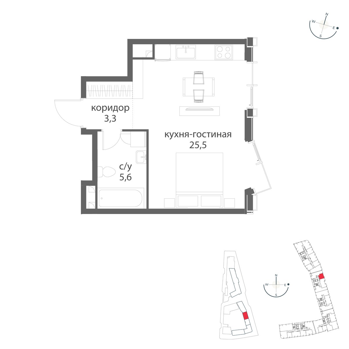 Планировка: Студия, 34.4 м²