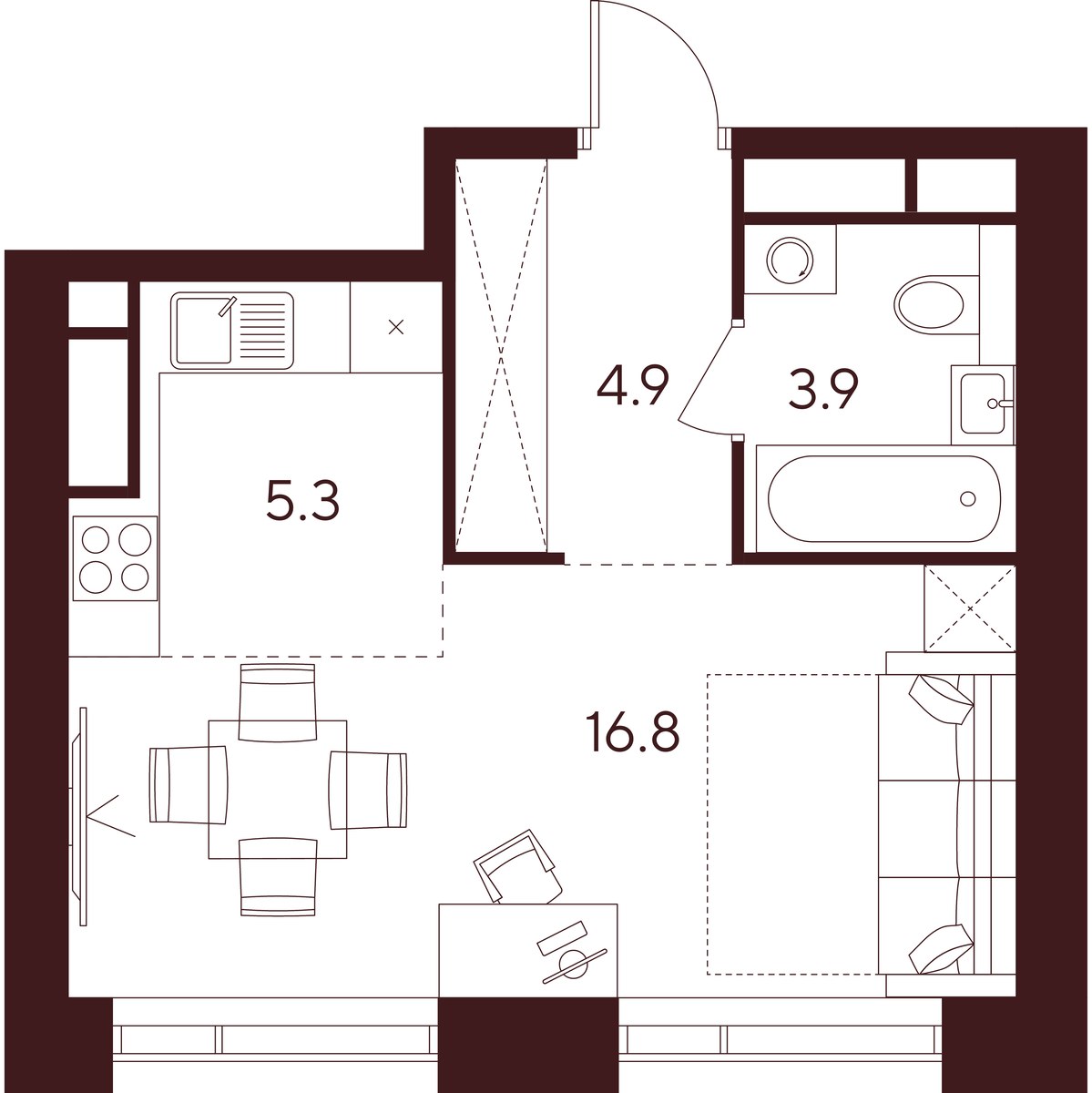 Планировка: 1-комнатная, 30.9 м²