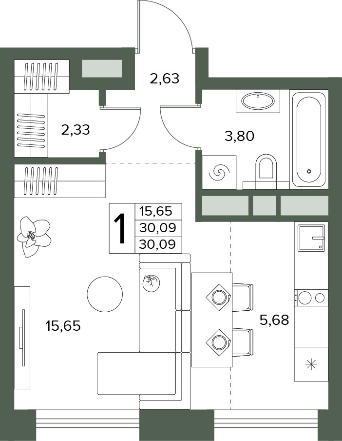 Планировка: 1-комнатная, 30.09 м²