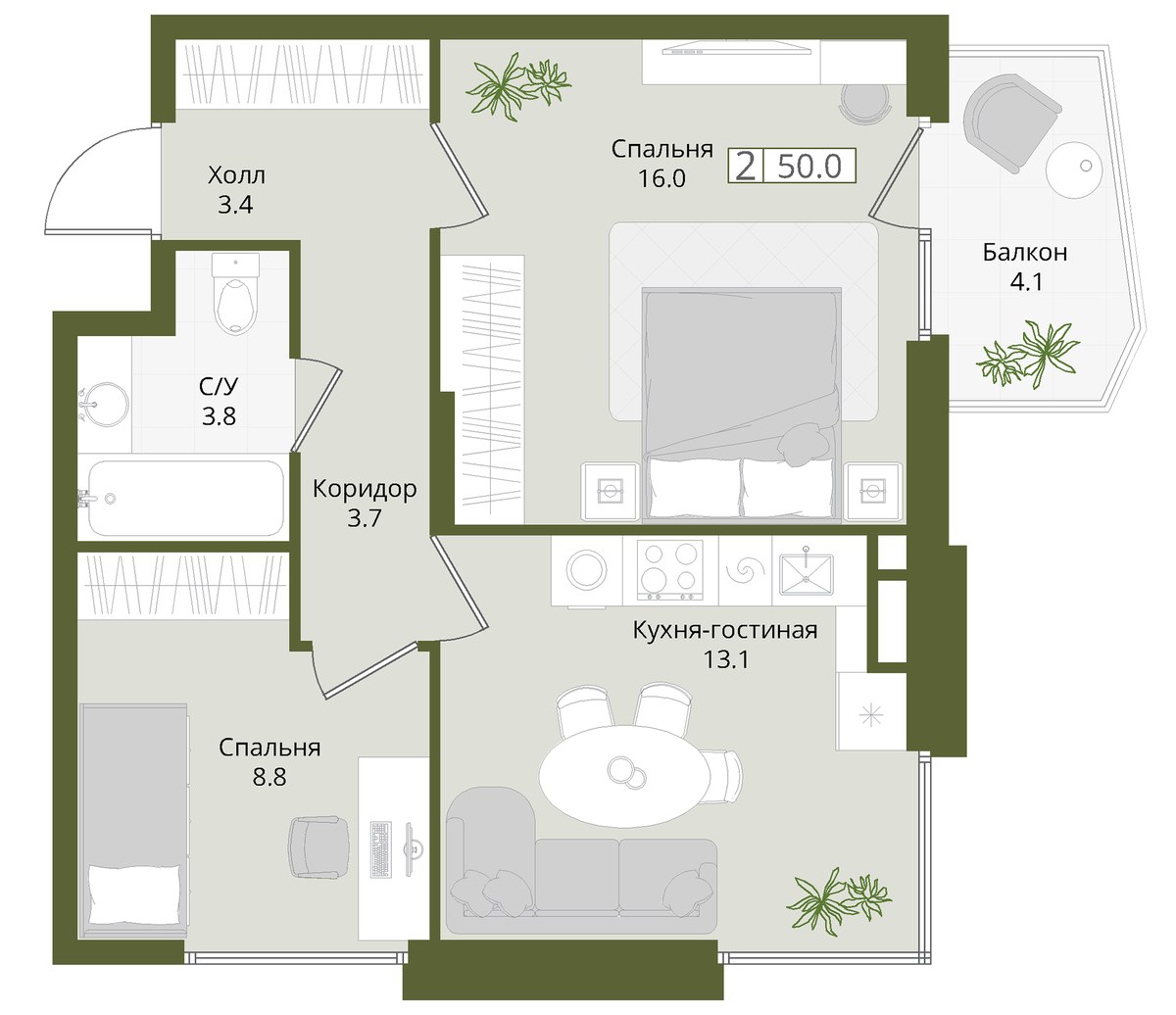 Планировка 50.0 м²