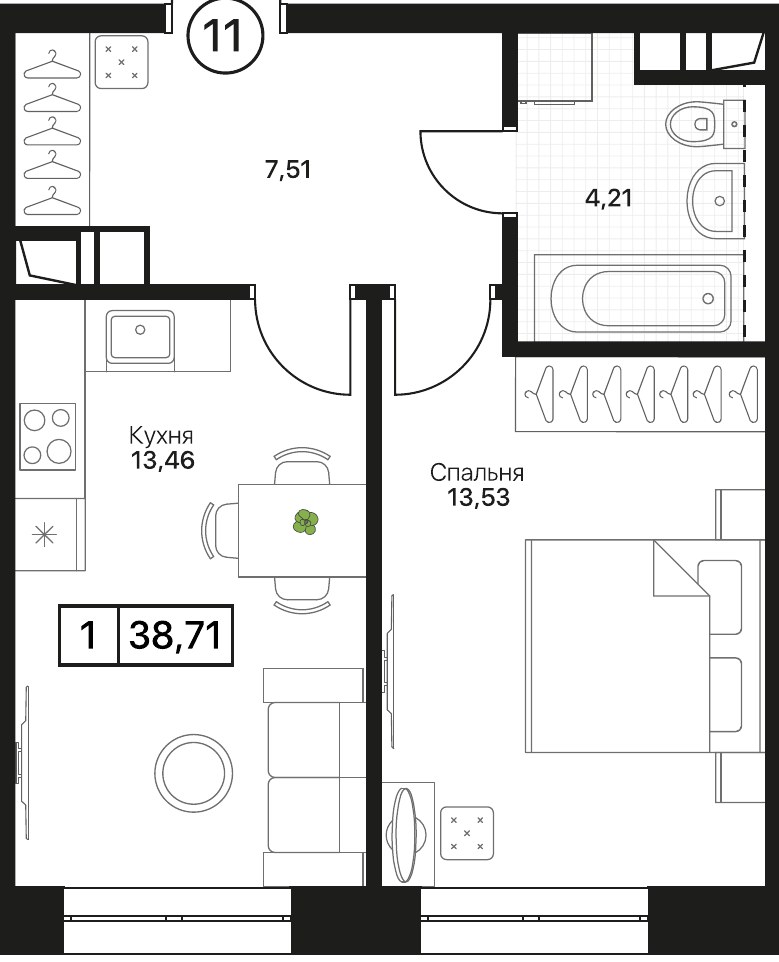 Планировка 38.71 м²
